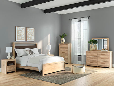 Kinlanni Queen Upholstered Panel Bed, Dresser and Mirror