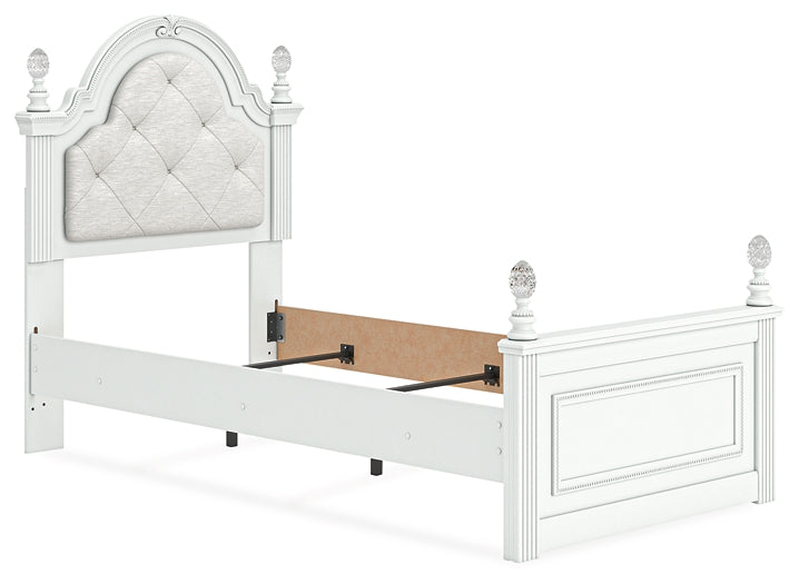 Kozlani Twin Upholstered Panel Bed, Dresser and Mirror