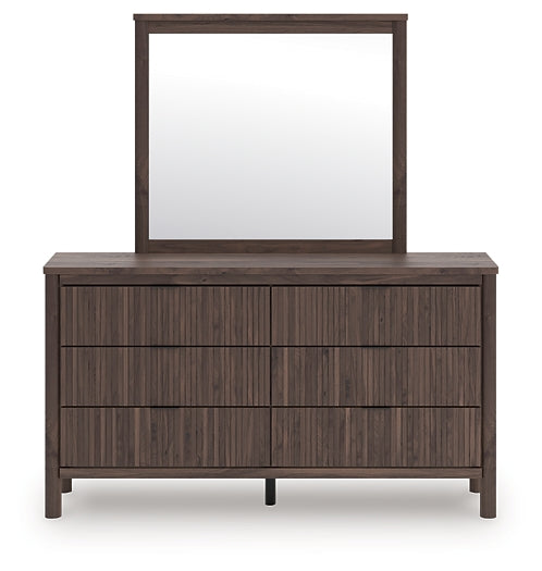 Pamytta Queen Upholstered Panel Bed, Dresser and Mirror