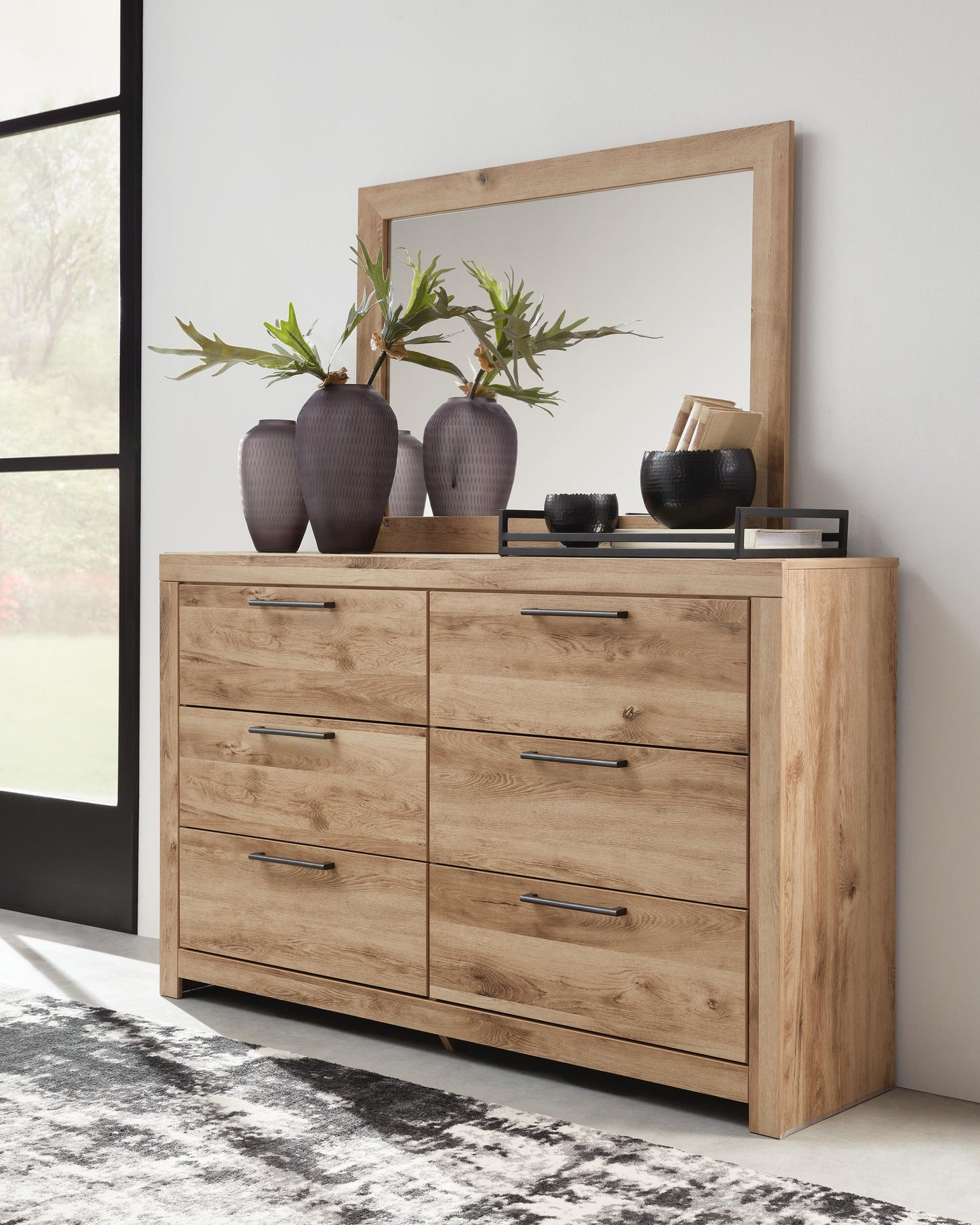 Hyanna Queen Panel Storage Bed with 2 Under Bed Storage Drawer, Dresser and Mirror