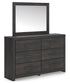 Delmorta Full Panel Storage Bed, Dresser and Mirror