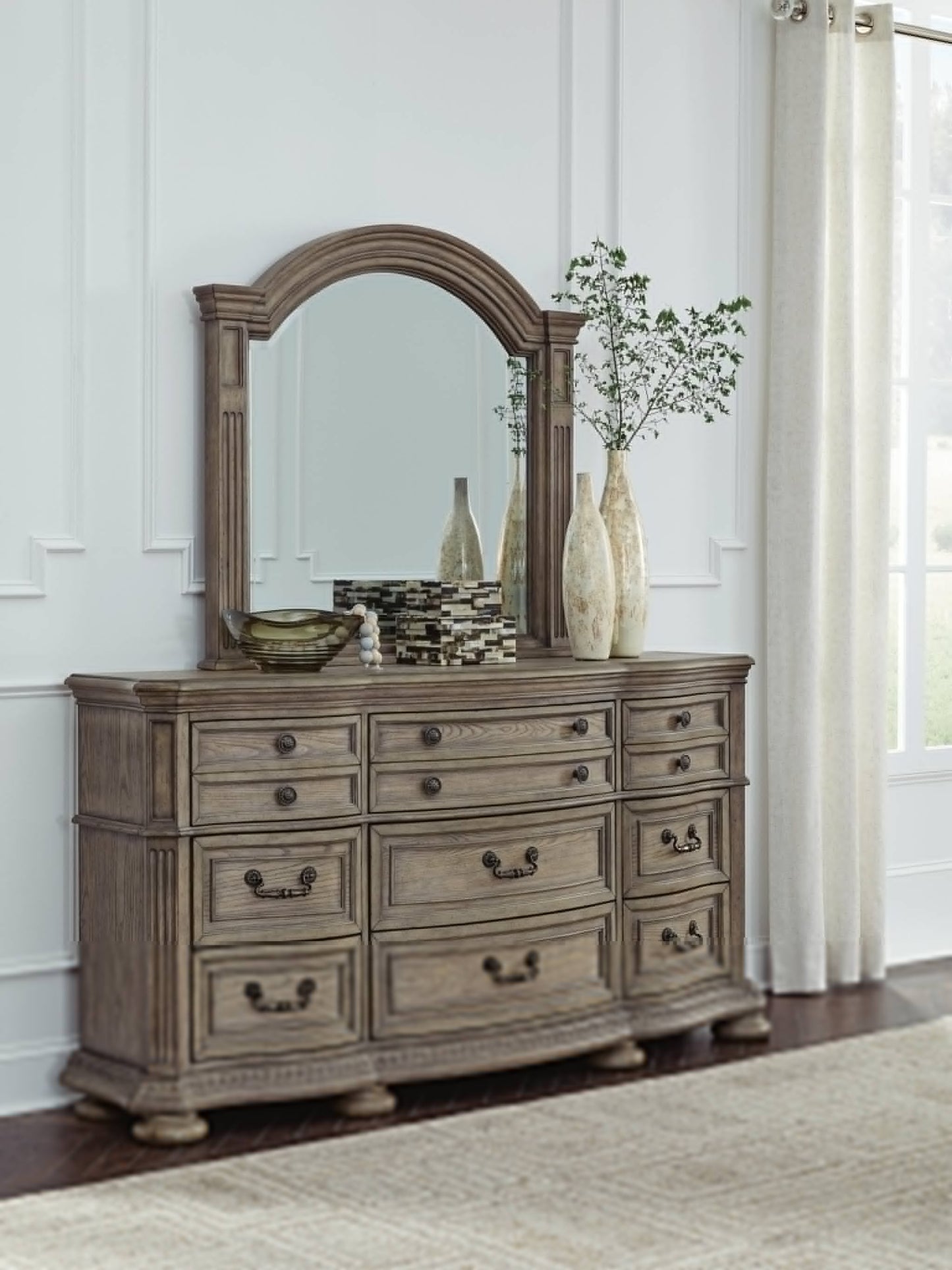 Ardenfield California King Upholstered Sleigh Bed, Dresser and Mirror