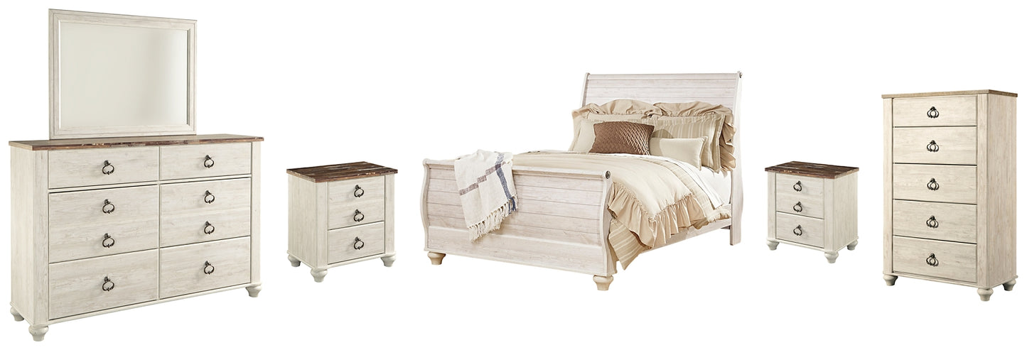 Willowton Queen Sleigh Bed with Mirrored Dresser, Chest and 2 Nightstands