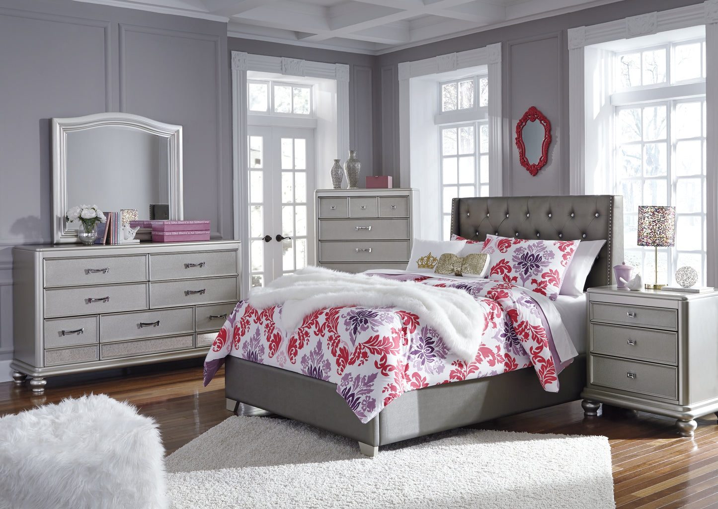 Coralayne Full Upholstered Bed with Mirrored Dresser and Chest
