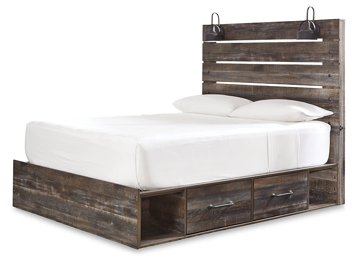 Drystan Queen Panel Bed with 2 Storage Drawers with Mirrored Dresser and Nightstand