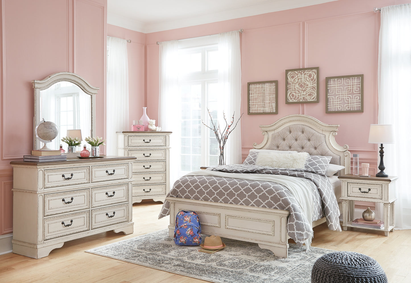 Realyn Full Panel Bed with Mirrored Dresser, Chest and Nightstand