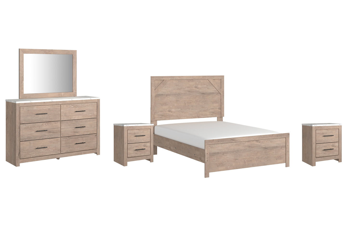 Senniberg Full Panel Bed with Mirrored Dresser and 2 Nightstands